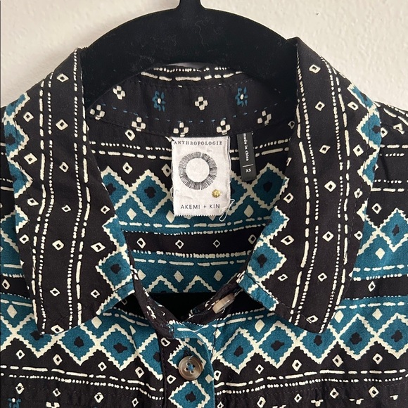 Anthropologie Akemi + Kin Boho Black and Teal Geometric Button-down Tank Blouse - Picture 3 of 7